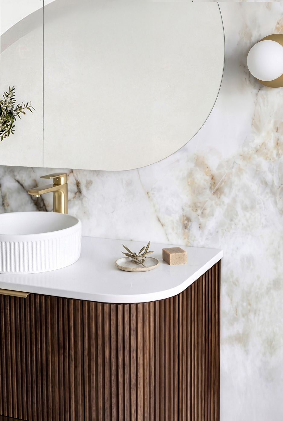 1800-HAVANA Fluted Curved Floor Standing Vanity Sable Walnu