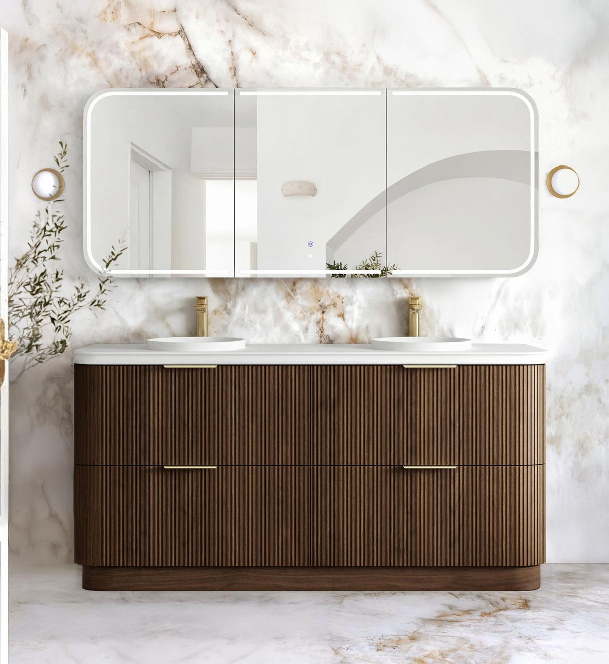 1800-HAVANA Fluted Curved Floor Standing Vanity Sable Walnu