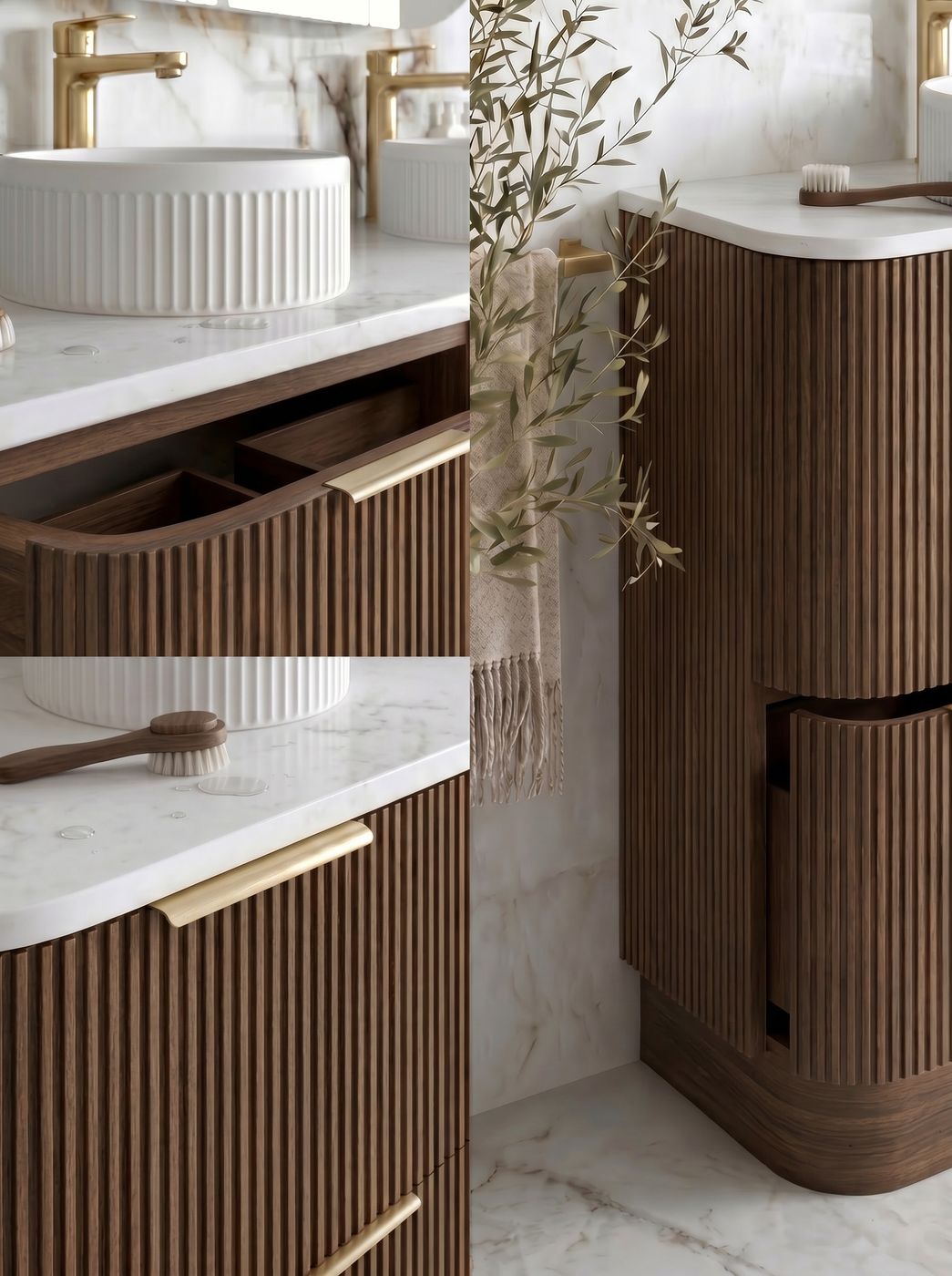 HAVANA Fluted Curved Floor Standing Vanity Sable Walnu