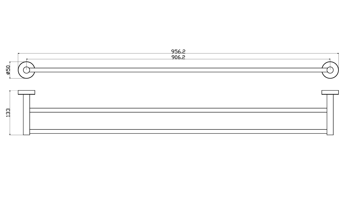Otus Slimline SS304 Towel Rail Double 900mm - Technical Drawing