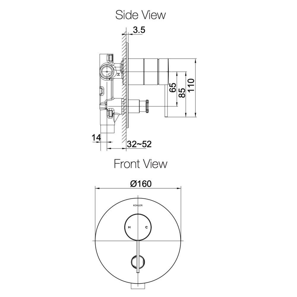 KOHLER Components Shower/Bath Mixer with Diverter Thin Trim - Pin Handle