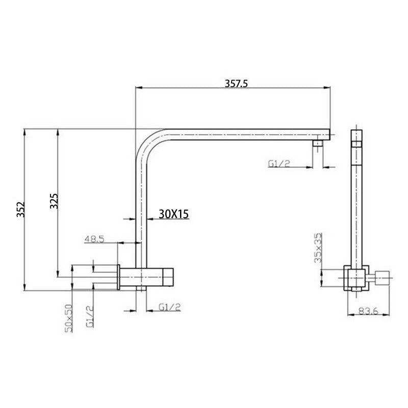 AQU 10" Square Shower Station Top Water Inlet - Chrome Technical Drawing