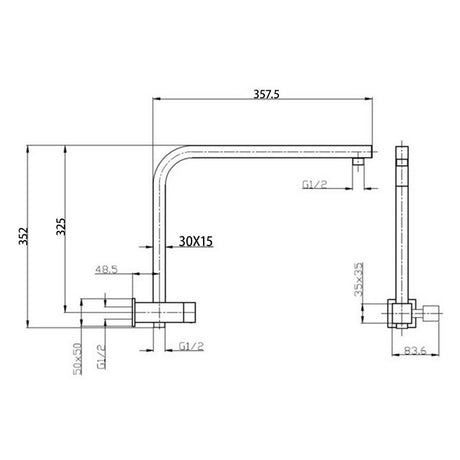 AQU 10" Square Shower Station Top Water Inlet - Chrome Technical Drawing