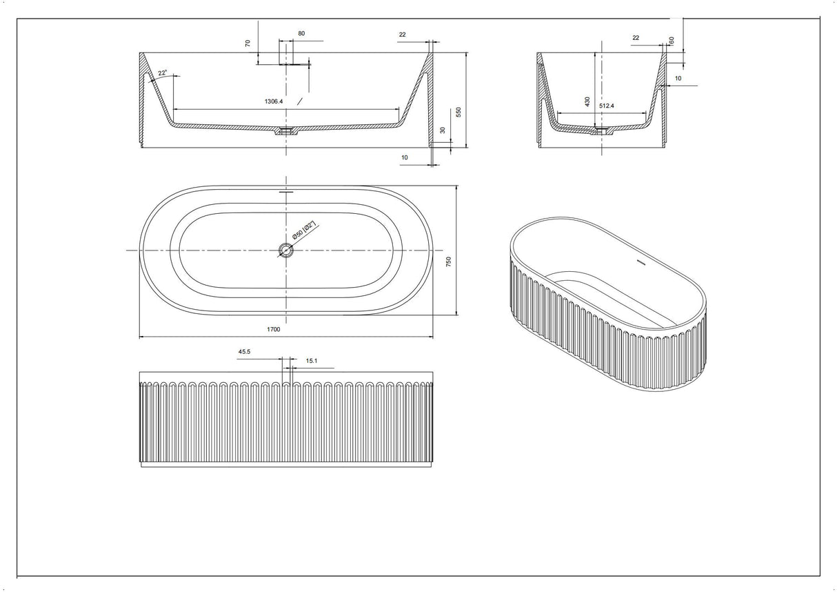 Cascade Solid Surface Stone Bathtub Oval with Overflow (Matte White) (1700mm)-Clearance