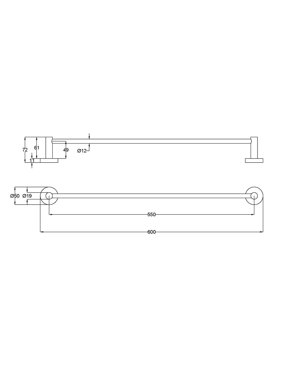 Otus Slimline SS304 Towel Rail Single 600mm - Technical Drawing