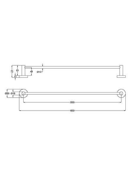 Otus Slimline SS304 Towel Rail Single 600mm - Technical Drawing