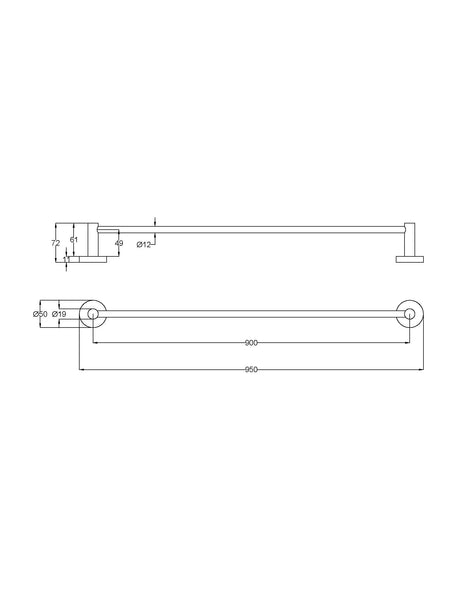 Otus Slimline SS304 Towel Rail Single 900mm - Technical Drawing