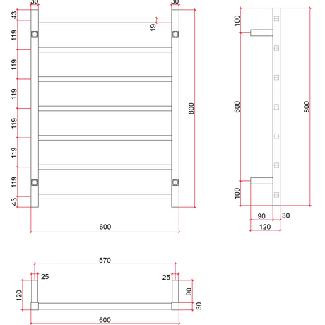Thermorail Straight/Square 12Volt 600x800x120mm 90Watt 7 Bars