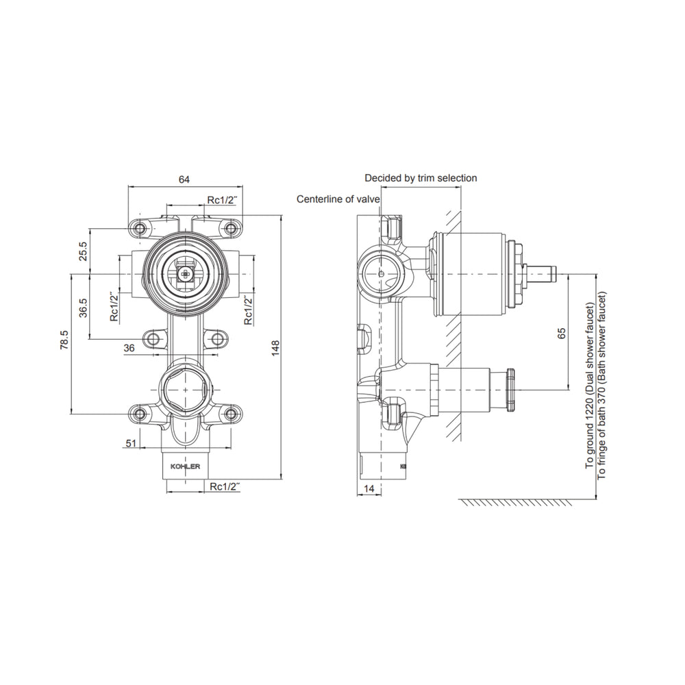 KOHLER BODY-Recessed Shower & Bath 40mm Valve With Diverter
