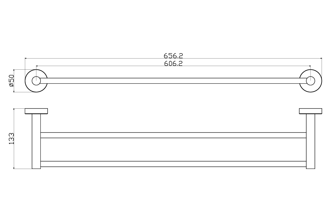 Otus Slimline SS304 Towel Rail Double 600mm - Technical Drawing