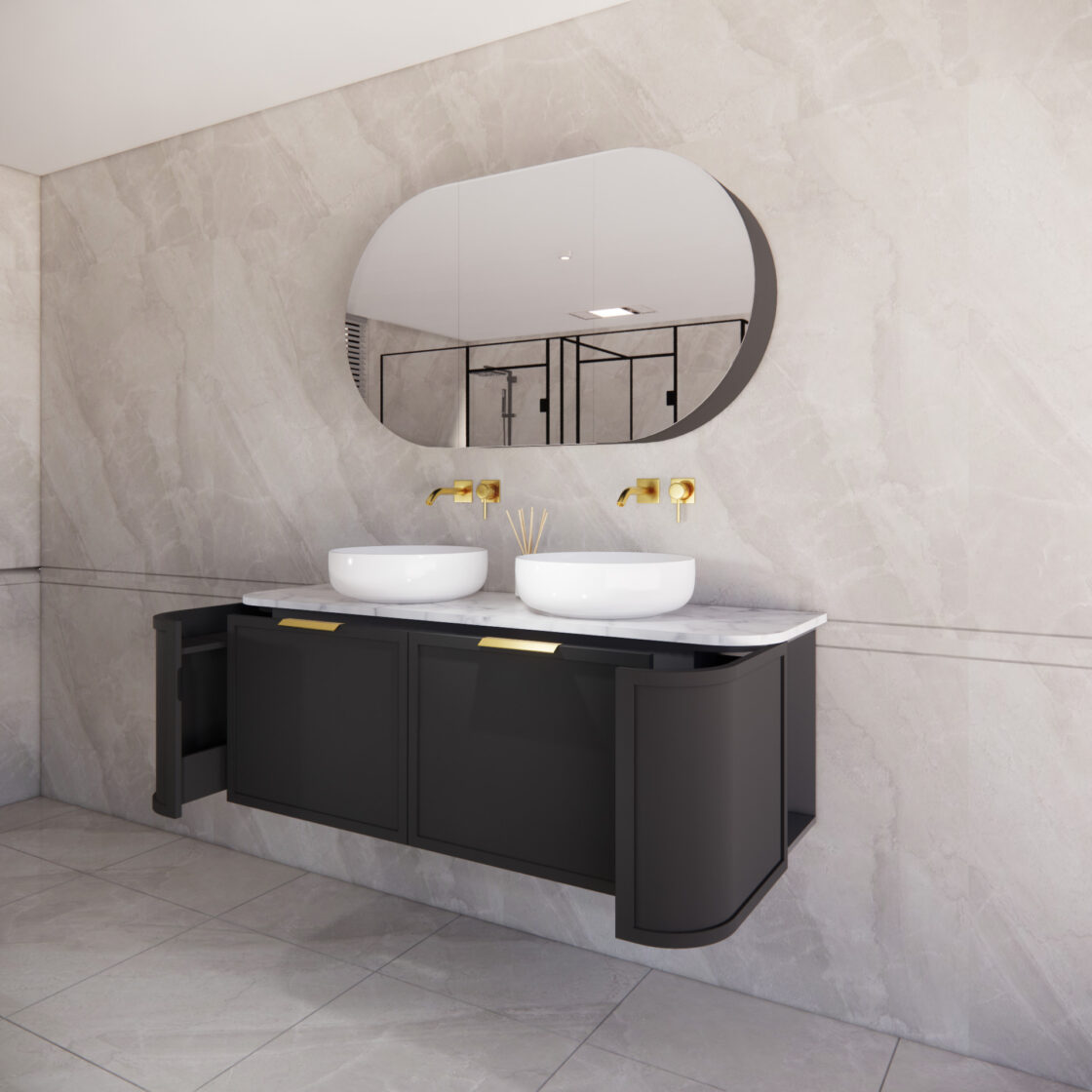 ABS HOUSTON Curved Double Bowl Wall Hung Vanity 1500mm (Matte Black)