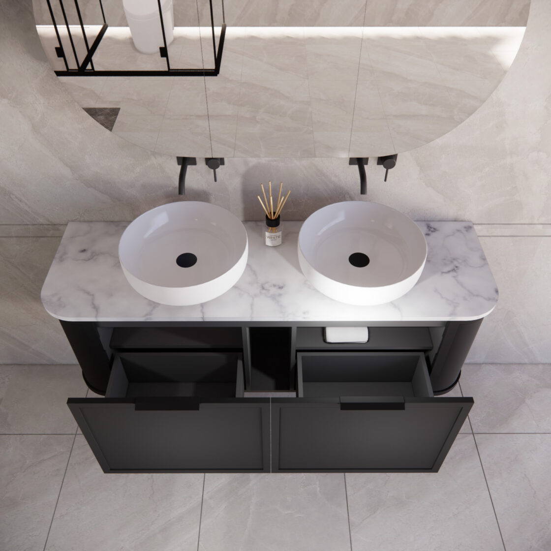 ABS HOUSTON Curved Double Bowl Wall Hung Vanity 1500mm (Matte Black)