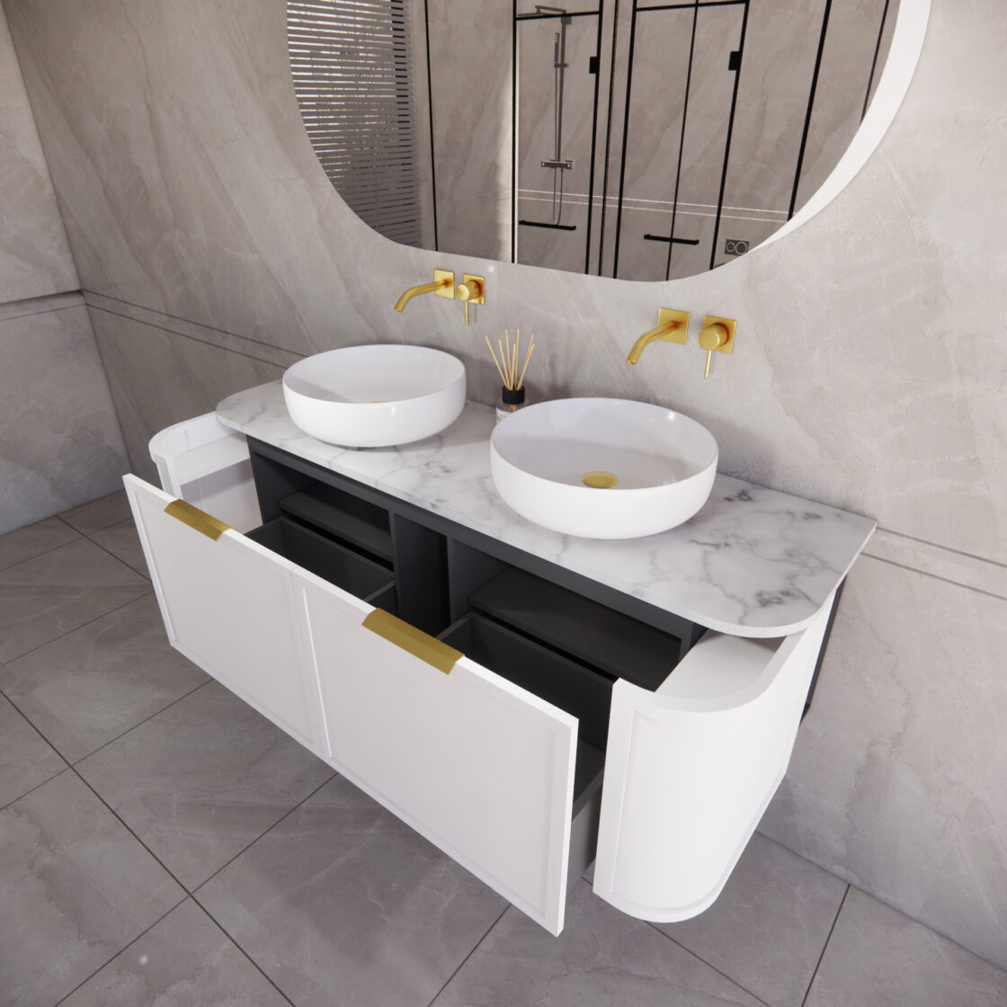 ABS HOUSTON Curved Double Bowl Wall Hung Vanity 1500mm (Matte White)