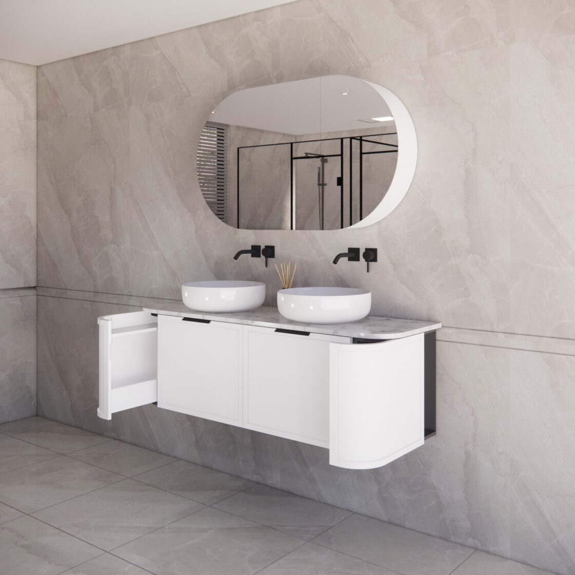 ABS HOUSTON Curved Double Bowl Wall Hung Vanity 1500mm (Matte White)