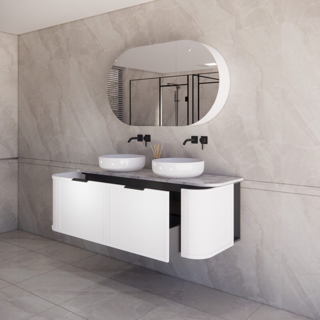 ABS HOUSTON Curved Double Bowl Wall Hung Vanity 1500mm (Matte White)