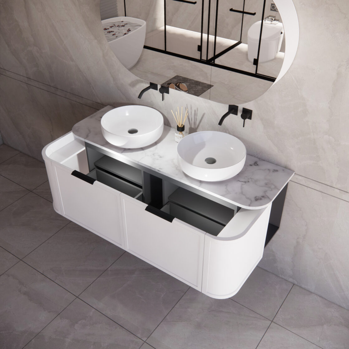 ABS HOUSTON Curved Double Bowl Wall Hung Vanity 1500mm (Matte White)