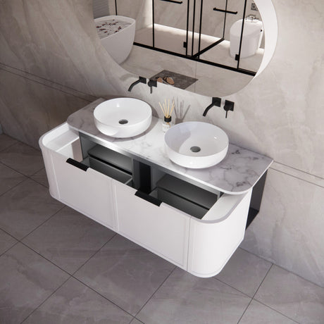 ABS HOUSTON Curved Double Bowl Wall Hung Vanity 1500mm (Matte White)