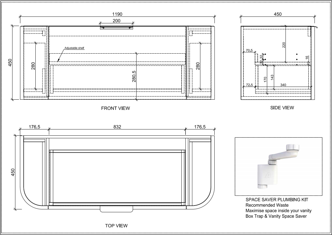 ABS HOUSTON Curved Single Bowl Wall Hung Vanity 1200mm (Matte Black) drawing