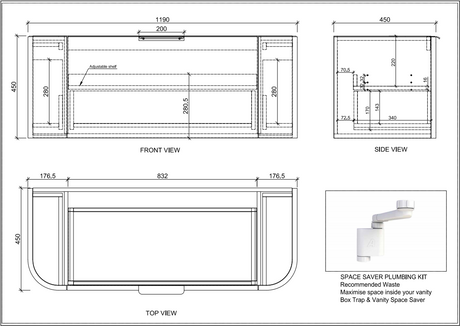 ABS HOUSTON Curved Single Bowl Wall Hung Vanity 1200mm (Matte Black) drawing