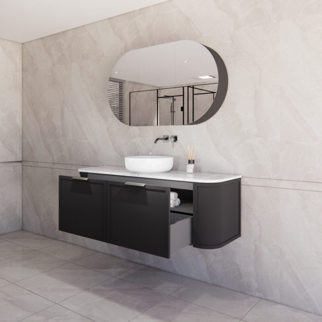 ABS HOUSTON Curved Single Bowl Wall Hung Vanity 1500mm (Matte Black)