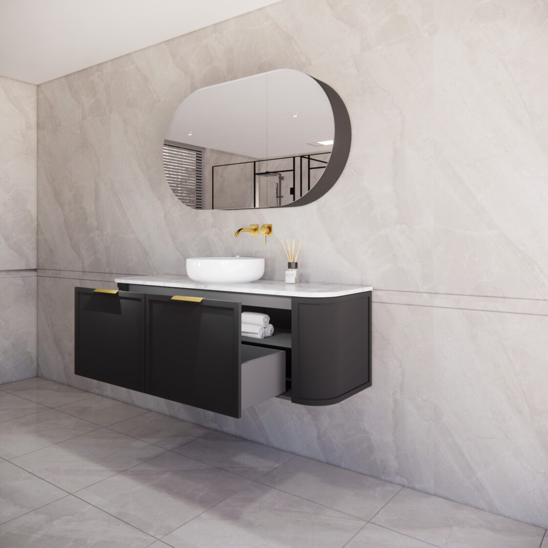 ABS HOUSTON Curved Single Bowl Wall Hung Vanity 1500mm (Matte Black)