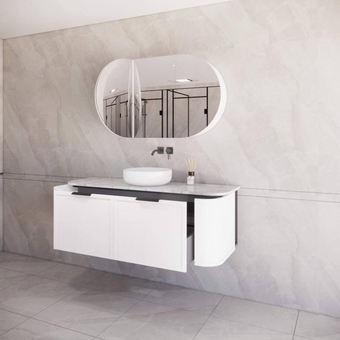 ABS HOUSTON Curved Single Bowl Wall Hung Vanity 1500mm (Matte White)