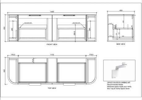 ABS HOUSTON Curved Wall Hung Vanity 1500mm Drawing