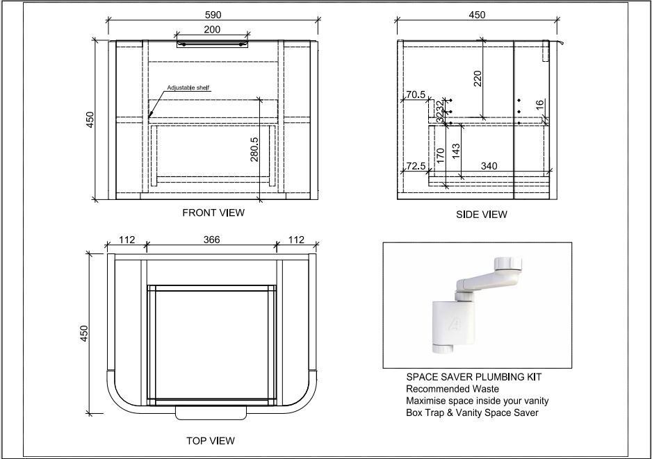 ABS HOUSTON Curved Wall Hung Vanity 600mm R90-drawing