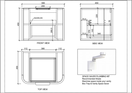 ABS HOUSTON Curved Wall Hung Vanity 600mm R90-drawing