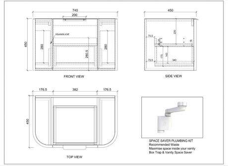 ABS HOUSTON Curved Wall Hung Vanity 750mm  drawing