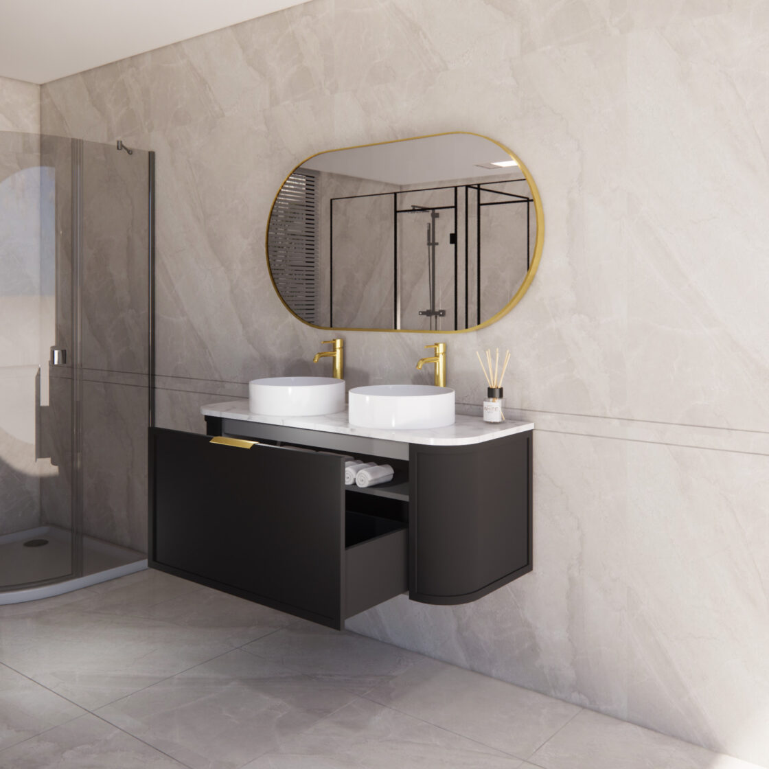 ABS HOUSTON Curved Wall Hung Vanity (Matte Black) (1200mm Double)