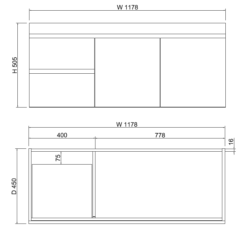ABS LESS Gloss White Wall Hung Single Bowl Vanity 1200mm drawing