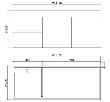 ABS LESS Gloss White Wall Hung Single Bowl Vanity 1200mm drawing