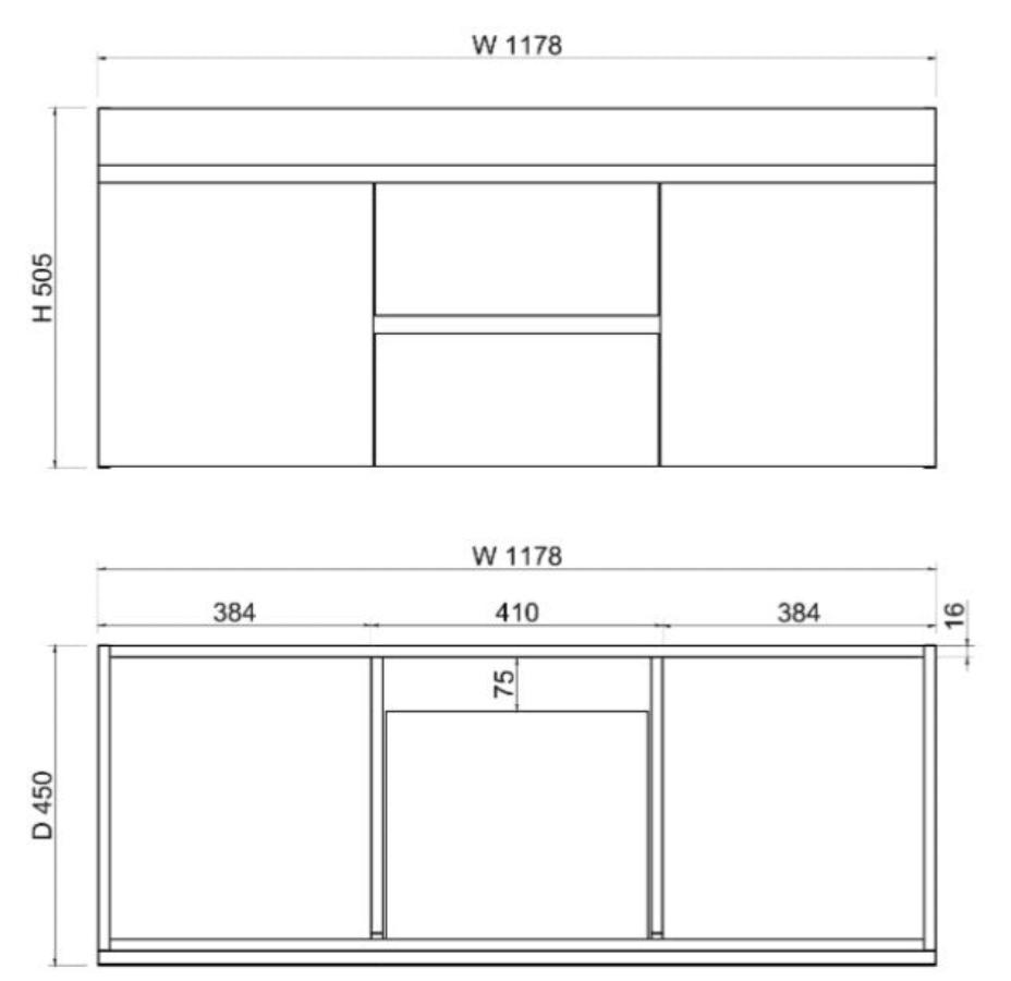 ABS LESS Gloss White Wall Hung Vanity Double Bowl 1200mm-drawing