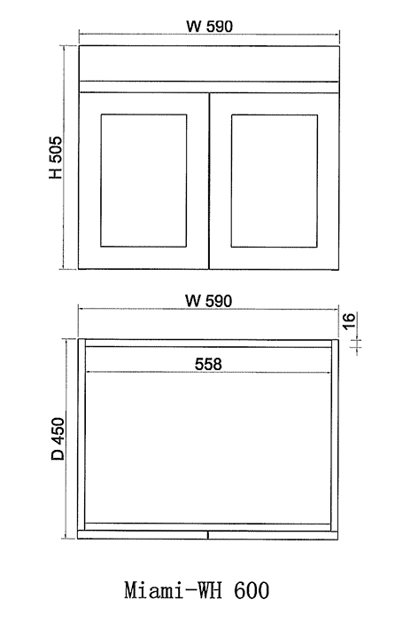 ABS MIAMI Matt White Wall Hung Vanity 600mm-drawing