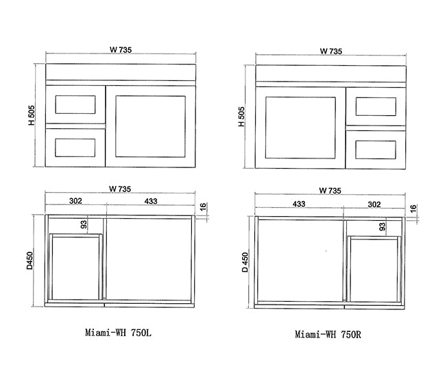 ABS MIAMI Matt White Wall Hung Vanity 750mm