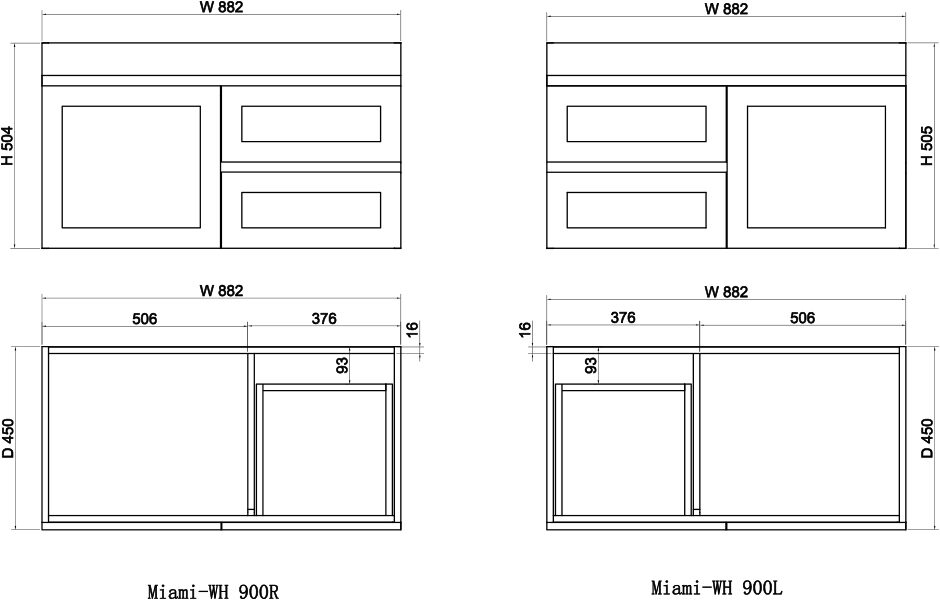 ABS MIAMI Matt White Wall Hung Vanity 900mm-drawing
