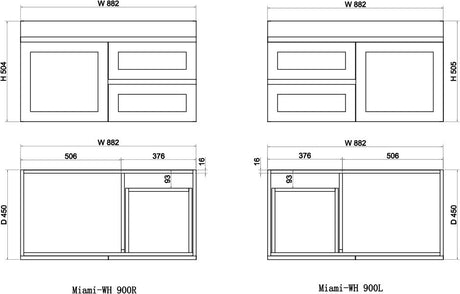 ABS MIAMI Matt White Wall Hung Vanity 900mm-drawing