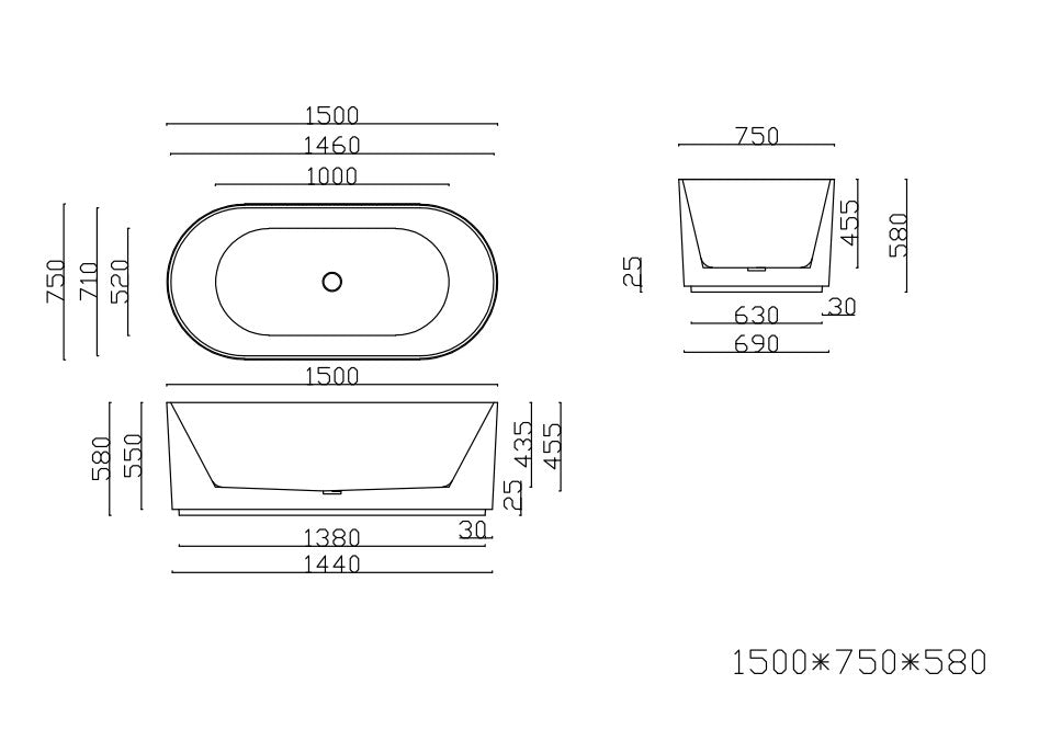 Ally Groove Freestanding Bathtub with Non-Overflow (Matte Black)(1500/1700mm)