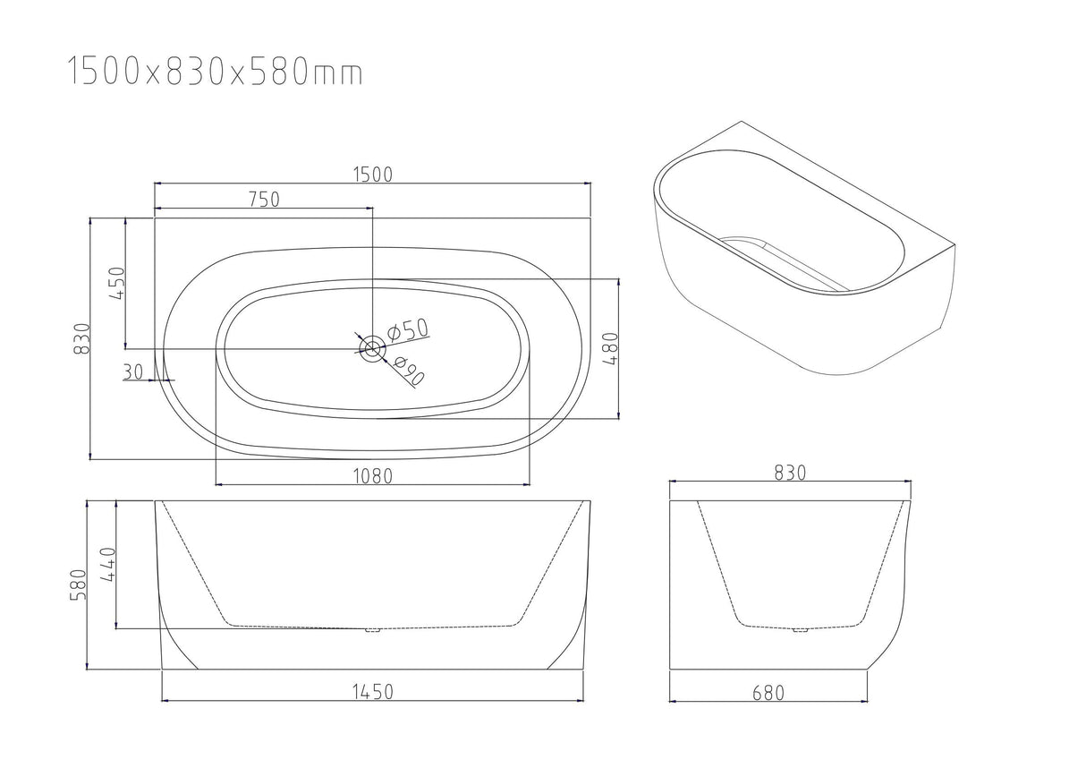 ANNA Back-to-Wall Bathtub (Gloss White) 1500/1700mm - Overflow