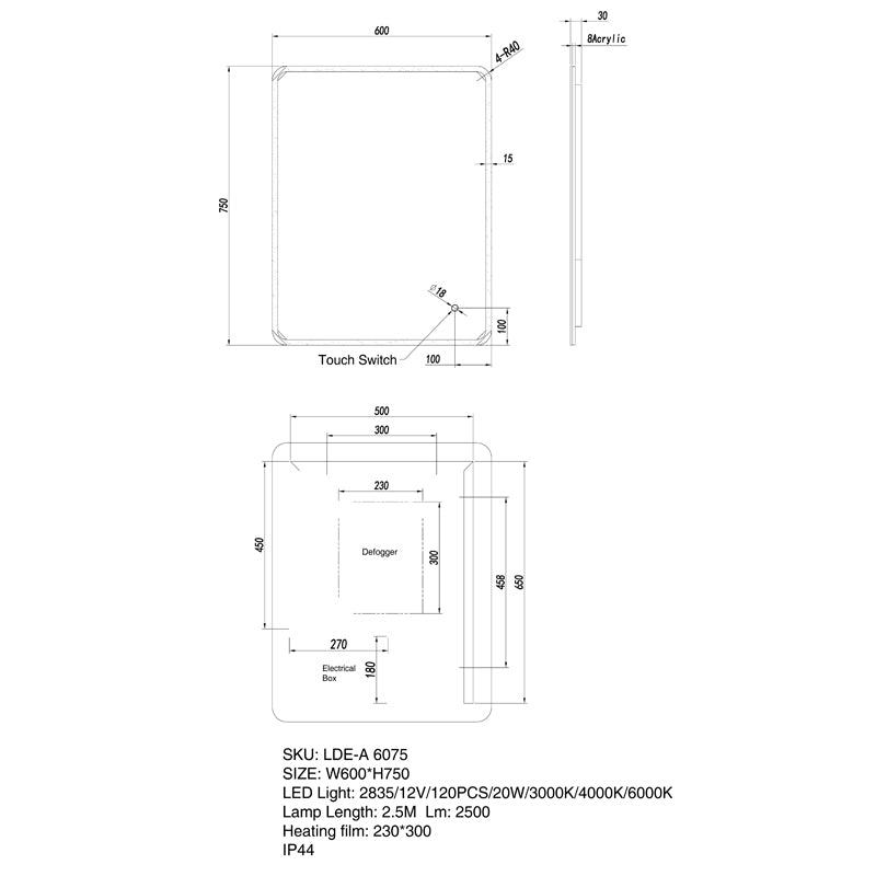LM-LDE-A6075AQUA Curved Rim LED Rectangle Frameless Mirror 600x750mm