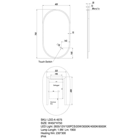 AQUA LED Oval Acrylic Frameless Mirror 450x750mm