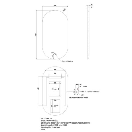 AQUA LED Oval Acrylic Frameless Mirror 500x1000mm