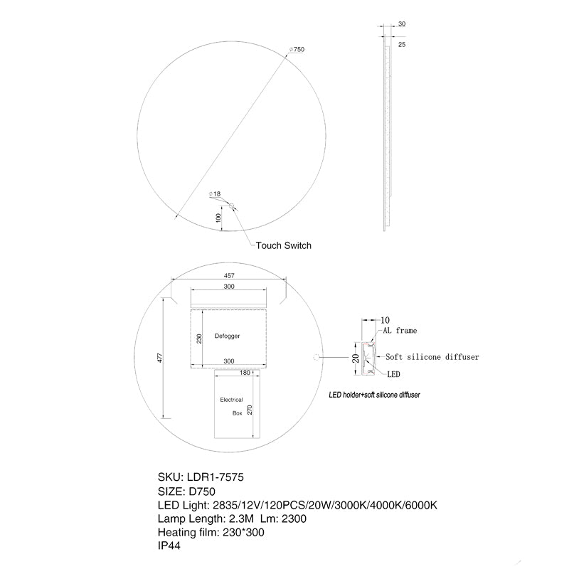 AQUA LED Round Frameless Mirror 750x750mm