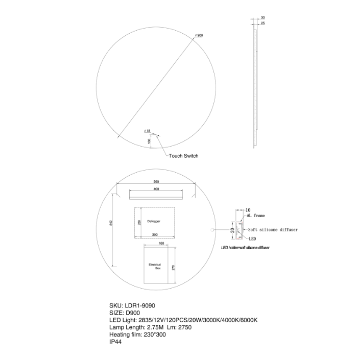 AQUA LED Round Frameless Mirror 900x900mm