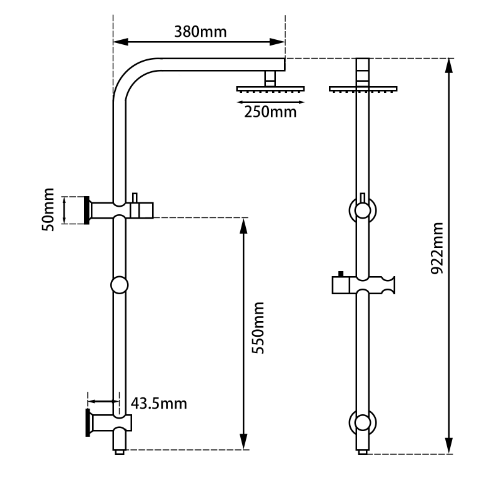10'' Right Angle Round Shower Station Top Inlet - Chrome Technical Drawing