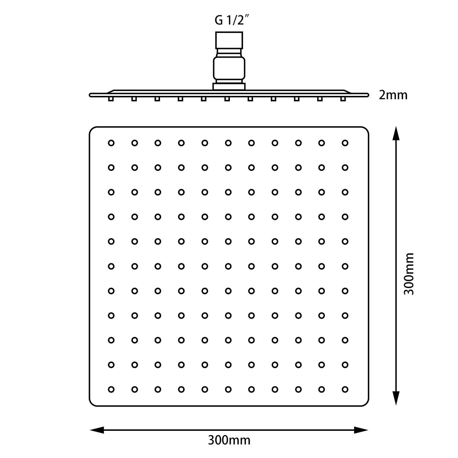AQU Super Slim Square Rainfall Shower Head 300mm - Brushed Gun Metal Technical Drawing