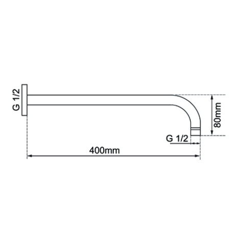 AQU Round Wall Straight Shower Arm 400mm - Chrome Technical Drawing