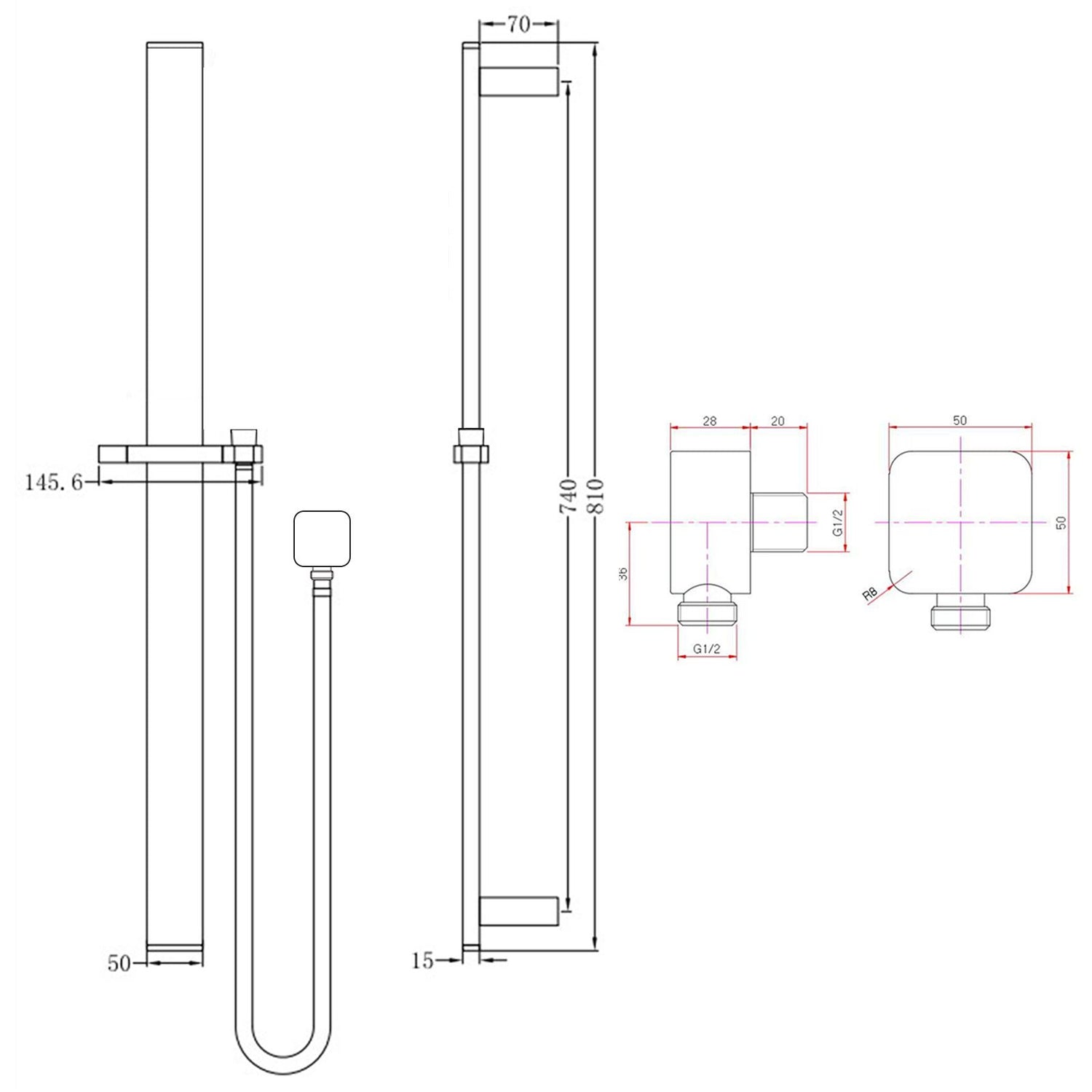 AQU Shower Rail Without Handheld Shower - Brushed Gun Metal Technical Drawing