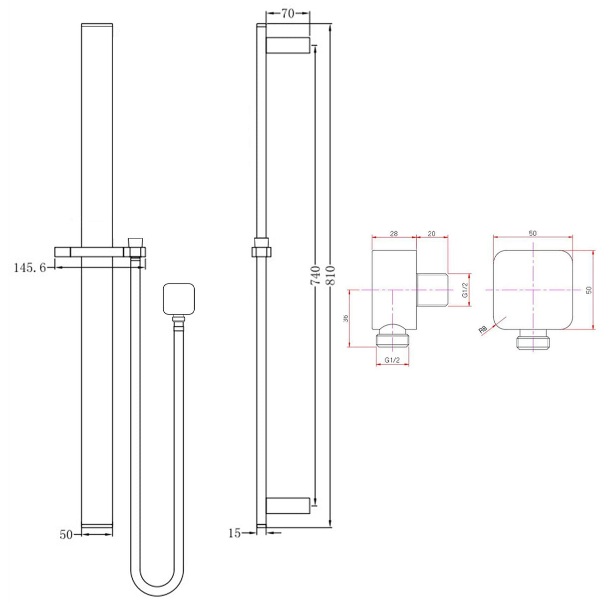 AQU Shower Rail Without Handheld Shower - Brushed Gun Metal Technical Drawing